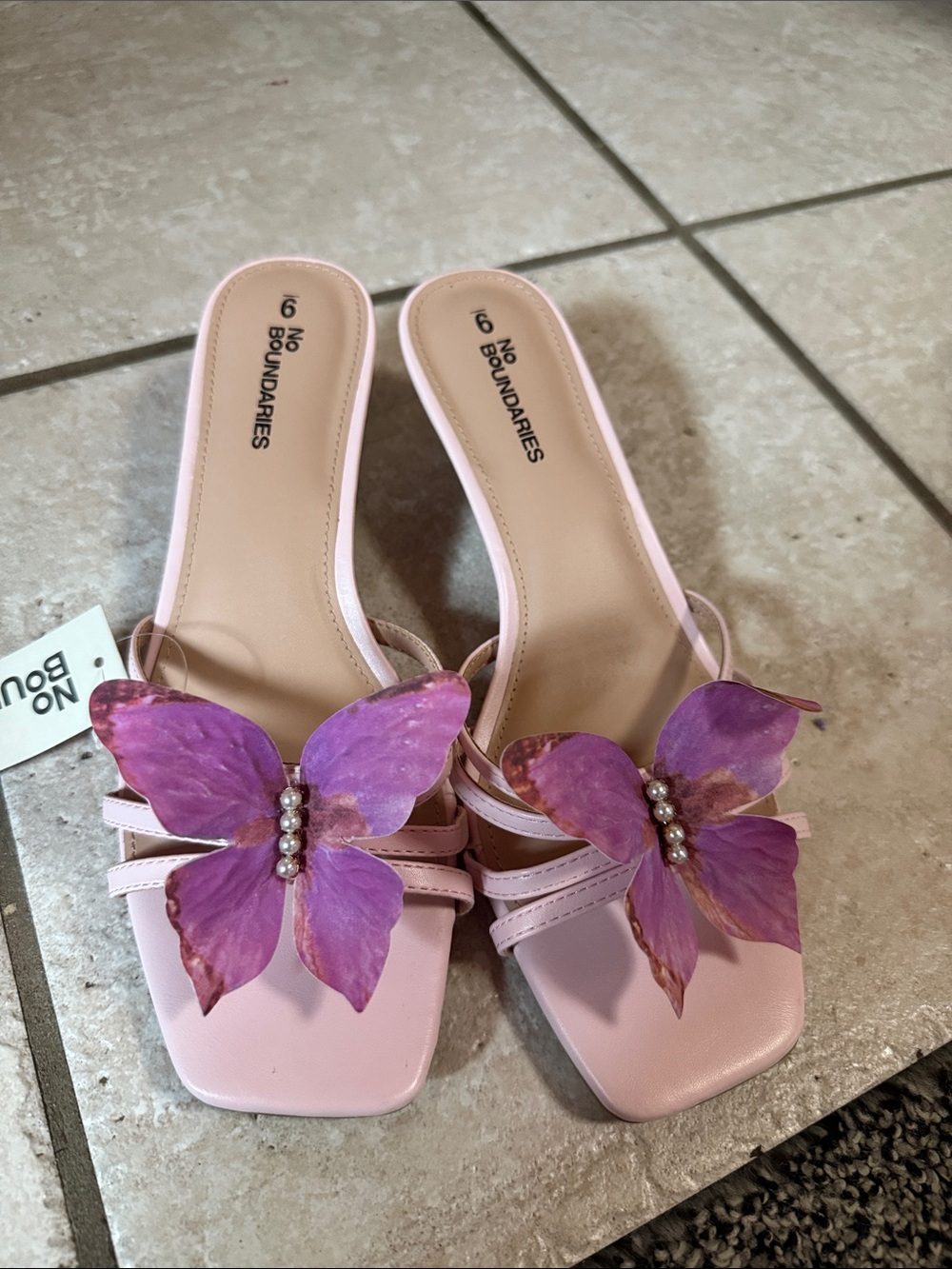 No Boundaries Pink Slide Sandals with Purple Butterfly Embellishments